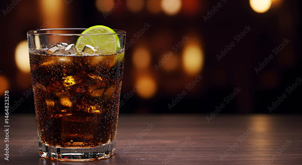Refreshing cola drink with ice and lime in a glass at a bar Refreshing cola drink with ice and lime in a glass at a bar