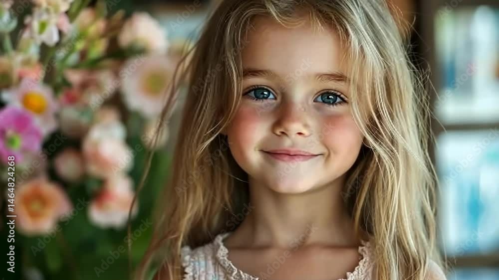 Smiling child with long hair poses in front of colorful flowers in a bright indoor setting Smiling child with long hair poses in front of colorful flowers in a bright indoor setting