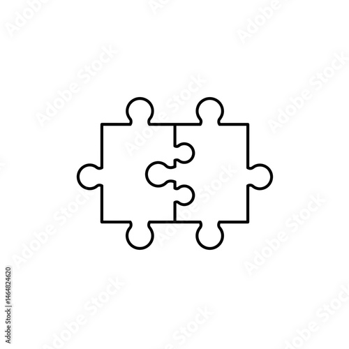 Puzzle pieces connecting on white background in simple design. Minimalistic vector black and white linear icon symbolizing mastering something new, connecting knowledge