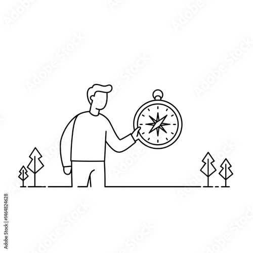 Wallpaper Mural Man using compass in forest landscape in simple design isolated on white background. Minimalistic vector black and white linear icon symbolizing finding way Torontodigital.ca