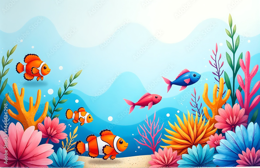 Fototapeta premium shot vibrant underwater scene featuring kaleidoscope colorful sea creatures amidst delicate watercolor