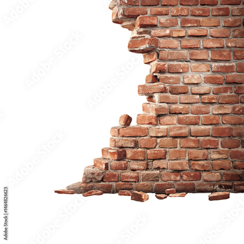 Broken Wall: The image features a weathered red brick wall with a portion crumbled away, revealing a glimpse of the structure's interior and the texture of the aged brickwork.