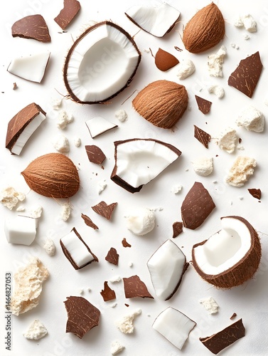 Scattered coconut pieces, halves, and shredded coconut on white background