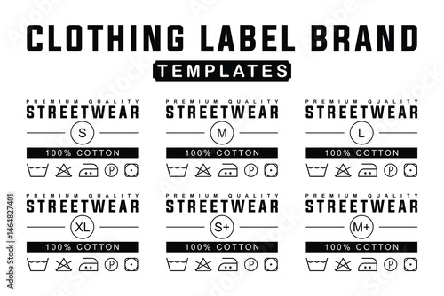 Streetwear Clothing Label Template Set. T-shirt Apparel Tags with Washing Instructions, Size Labels for Fashion and Retail Brands