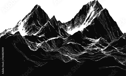Monochrome illustration of rugged mountains with detailed line art. Vector illustration