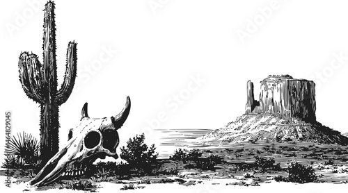 Desert landscape with cactus, animal skull, and rock formation illustration. Vector illustration