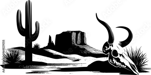 Desert landscape with cactus and animal skull, black and white illustration. Vector illustration