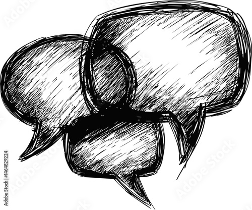 Sketch style overlapping speech bubbles in black and white. Vector illustration