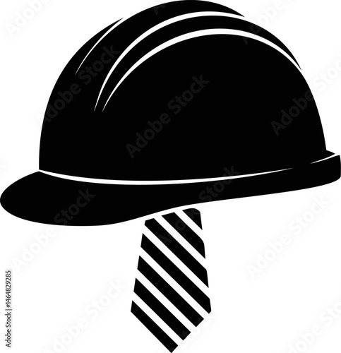 Black silhouette of a hard hat and striped tie isolated. Vector illustration