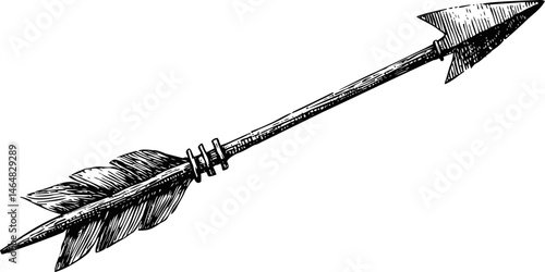 Detailed black and white illustration of a rustic arrow with feathers. Vector illustration