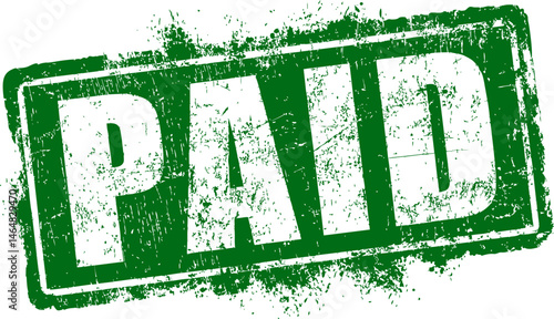 Green distressed paid stamp representing financial transaction completion. Vector illustration