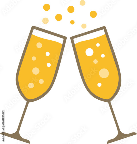 Two champagne glasses clinking with bubbles and festive celebration. Vector illustration