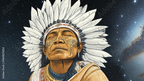 Animated Video of a Native American Chief in Spiritual Contemplation Under the Stars