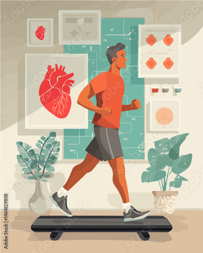 Man running on treadmill in health environment