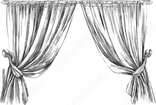 Elegant hand-drawn draped curtains with intricate detailing in black and white. Vector illustration