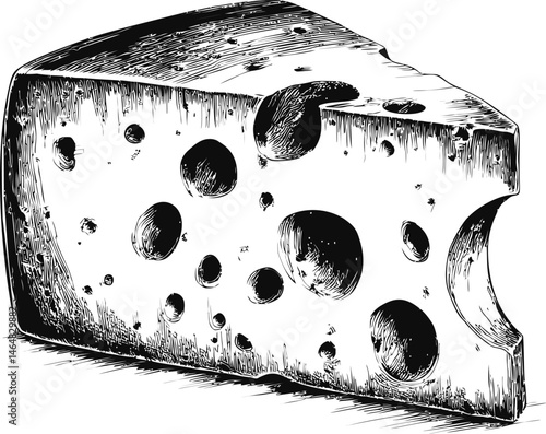 Illustration of a swiss cheese wedge with large holes in black and white. Vector illustration