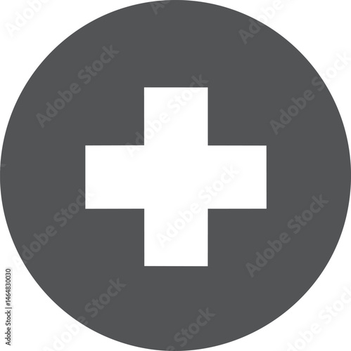 White cross centered on a dark gray circle symbolizing medical aid. Vector illustration