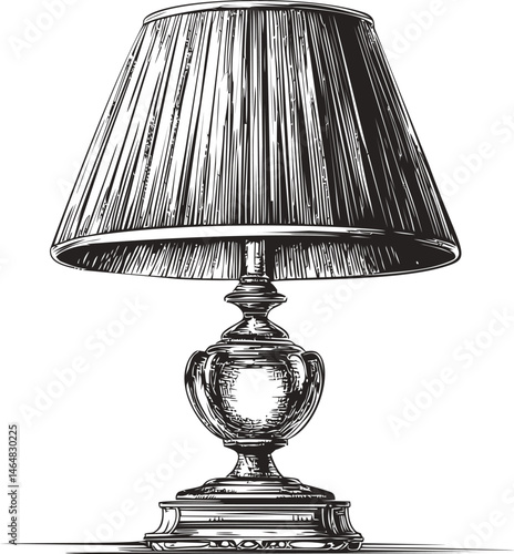 Vintage table lamp with pleated shade in black and white illustration style. Vector illustration