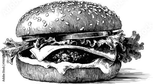 Detailed black and white sketch of a cheeseburger with lettuce and sesame bun. Vector illustration
