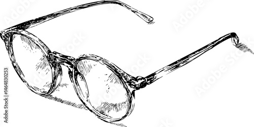 Black and white sketch of round eyeglasses with detailed lines. Vector illustration