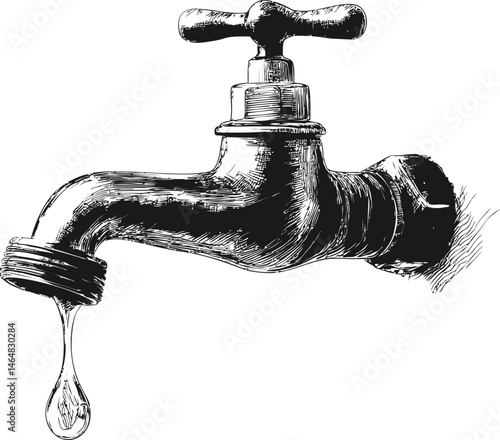 Hand-drawn illustration of a dripping water faucet in black and white sketch. Vector illustration