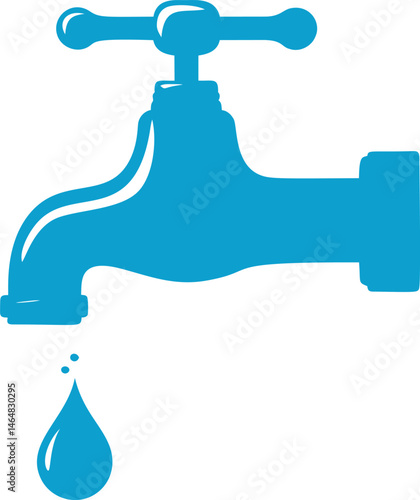 Blue silhouette of water tap with single droplet indicating leak. Vector illustration