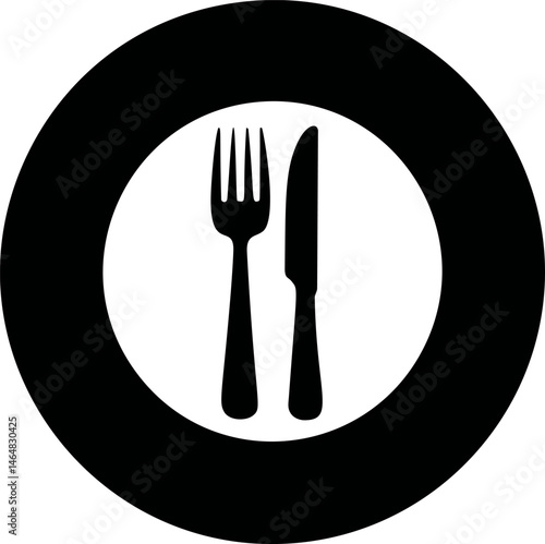 Silhouette of fork and knife inside black circle. Vector illustration