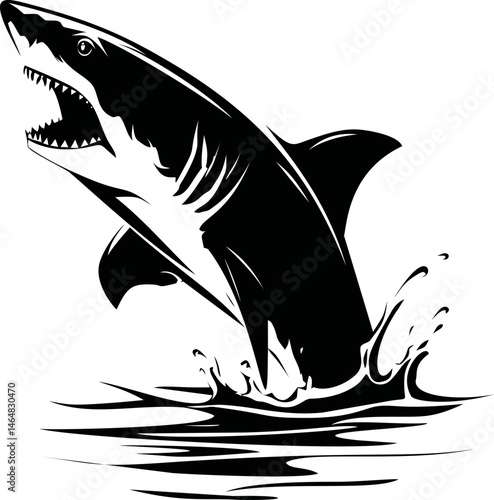 Black and white illustration of a shark jumping out of the water. Vector illustration
