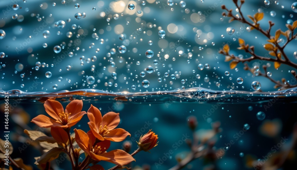 Underwater Scene with Bubbles and Orange Flowers in Calm Water, Nature's Serenity Captured in a Beautiful Photography Moment