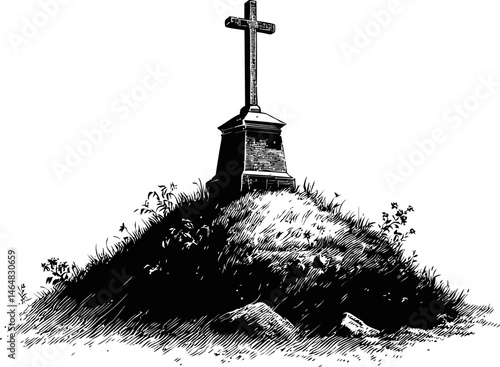 Cross on grassy hill with shrubs in black and white illustration style. Vector illustration