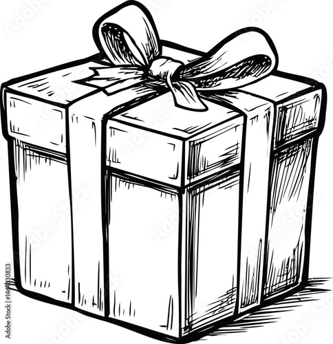 Black and white sketch of a gift box with ribbon, illustration art. Vector illustration