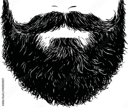 Black and white illustration of a detailed beard and mustache design. Vector illustration