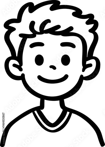 Smiling cartoon boy with spiky hair in simple black and white drawing. Vector illustration
