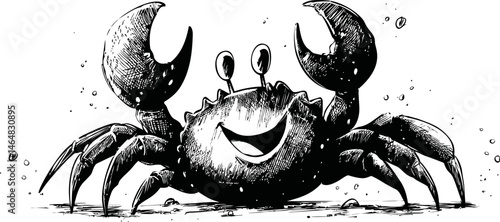 Smiling cartoon crab in black and white ink drawing with cheerful expression. Vector illustration