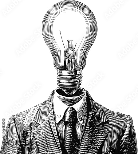 Illustration of a lightbulb-headed person in a suit, concept of bright ideas. Vector illustration