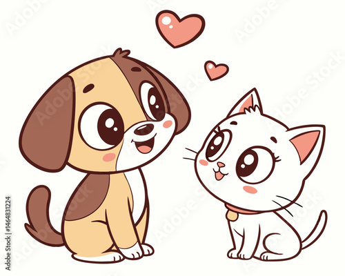 Adorable Cartoon Puppy and Kitten in Love Sitting Together.