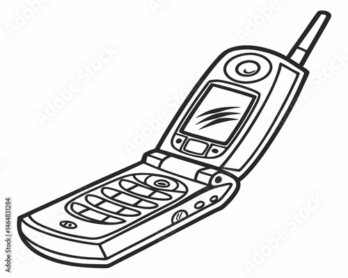 Line art illustration of a vintage flip phone open showing keypad and screen.