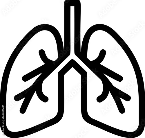 Black and white line art of human lungs with bronchial branches, medical concept. Vector illustration