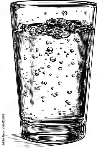 Sketch of a glass filled with bubbling soda water in monochrome style. Vector illustration