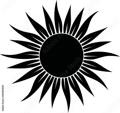 Black and white symmetrical sunburst pattern with pointed rays. Vector illustration
