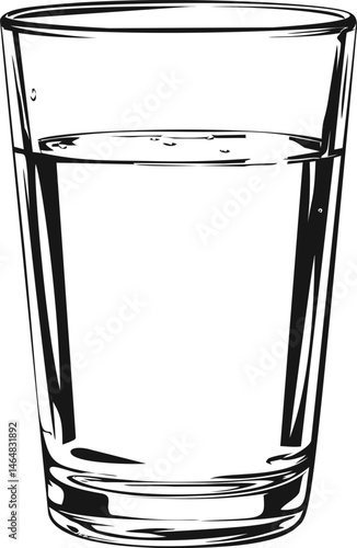 Illustration of a glass half-filled with water in black and white vector style. Vector illustration