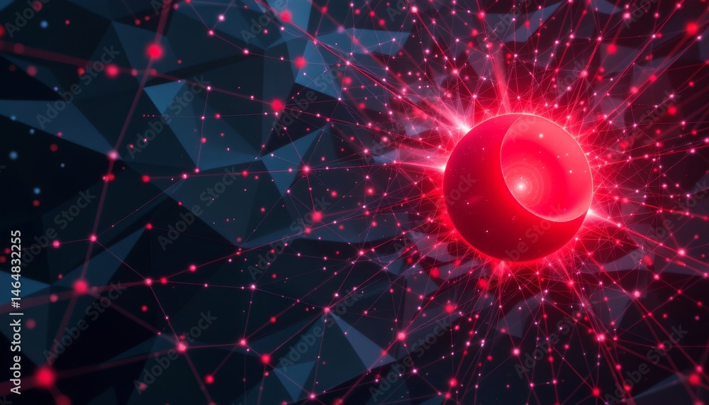 Abstract glowing sphere surrounded by vibrant network of particles and triangular shapes for futuristic concepts