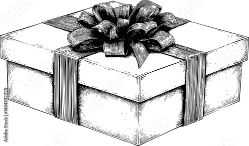Elegant sketch of a gift box wrapped with ribbon and bow in monochrome drawing. Vector illustration