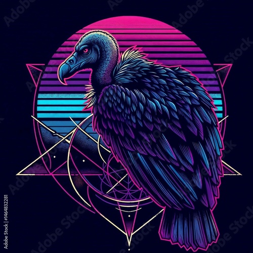 Colorful Vulture Illustration in Retro Style with Geometric Shapes  