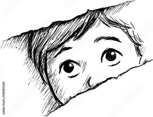 Surprised child peeking through torn paper in black and white sketch. Vector illustration