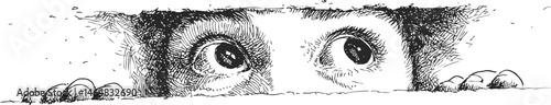 Animal peeking through a hole with wide eyes, black and white illustration. Vector illustration