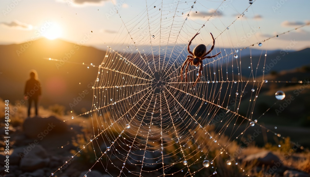 Spider on Web with Dew Drops at Sunset with Silhouette of a Person in Background in Nature Setting