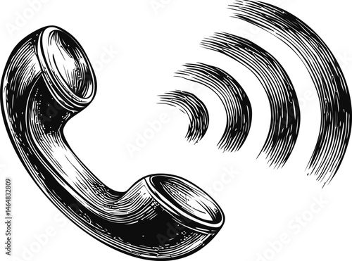 Retro telephone handset with sound waves in black and white illustration. Vector illustration
