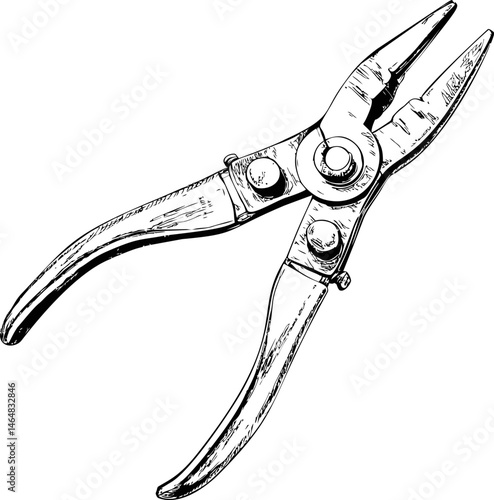 Black and white sketch of vintage pliers with detailed shading, hand-drawn illustration. Vector illustration
