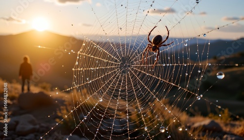 Obraz na płótnie Spider on Web with Dew Drops at Sunset with Silhouette of a Person in Background in Nature Setting w salonie